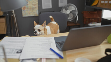 A curious chihuahua peers over paperwork in a cluttered office setting, hinting at a pet-friendly...