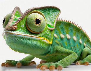 Obraz premium A cartoon green chameleon, bulging eyes, surprised expression, mischievous look, full body, lying on the ground, raising its little legs, hyper-realistic 3d style - generated by ai 