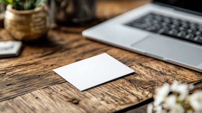 Blank business card on rustic wooden desk, minimal workspace with laptop, natural decor, clean design, professional branding mockup, cozy atmosphere, personal workspace