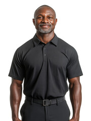 A cheerful black man in a black polo shirt, exuding confidence and friendliness
