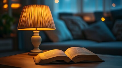 Obraz premium This image captures a cozy reading nook with a warmly lit lamp casting a soft glow over an open book on a wooden table, set against a blurred background.