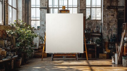Large blank canvas on easel in rustic artist studio, creative workspace with painting supplies, textured walls, artistic environment, wooden easel, artistic setting, peaceful scene