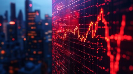 A bright red glowing digital graph is shown overlaying a cityscape backdrop, representing market data, trends, and the dynamic global financial trade environment.