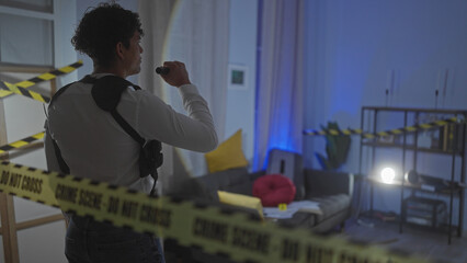 Hispanic man investigates a dimly lit indoor crime scene, marked with yellow caution tape in a modern apartment.