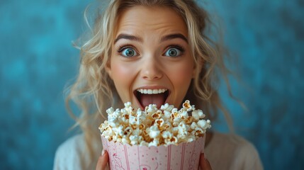 Happy woman with popcorn bucket, excited expression, blue background, movie night, cheerful young female, snack time, joyful moment, positive energy, close-up