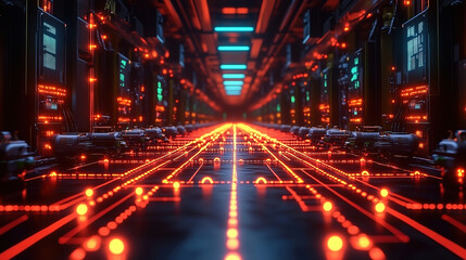 Fototapeta premium Vibrant lines and glowing circuits illuminate a futuristic data center with advanced technology and intricate designs. Generative AI