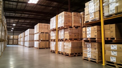 Organized Warehouse Inventory: Rows of Pallets Filled with Cardboard Boxes