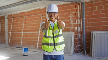 Chinese man working indoors on a construction site gives thumbs-up while smiling, wearing a yellow safety vest and white hard hat, standing in front of an unfinished brick wall.