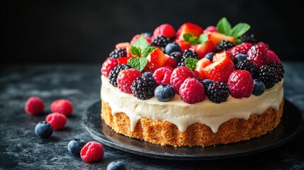 Delicious cheesecake with fresh mixed berries, creamy dessert, summer treat, strawberries, blueberries, raspberries, food photography, sweet dessert, vibrant cake with fruit topping