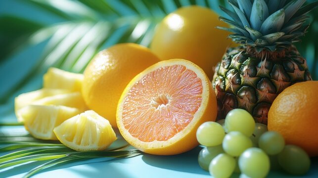 Assorted tropical fruits on blue background, fresh pineapple, citrus, grapes, summer vibes, exotic vacation, healthy fruit mix, vibrant color, island paradise