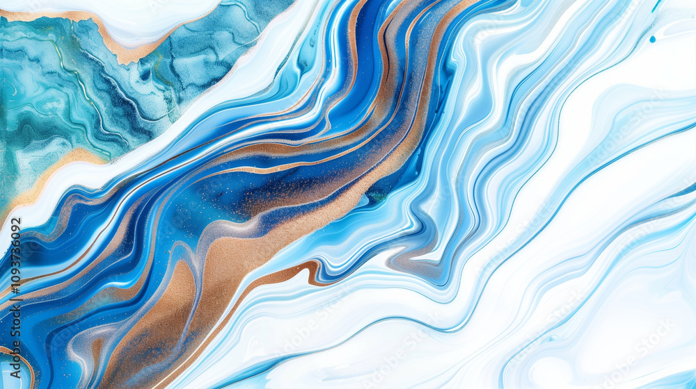 Poster abstract fluid art with vibrant blue and gold swirls in dynamic design and smooth flowing patterns