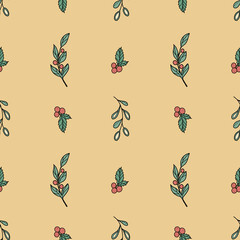 Seamless pattern with green Christmas leaves and berries