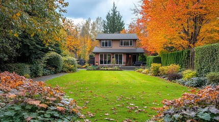 This beautiful autumn scene shows a quaint house amidst colorful foliage, creating a warm, cozy atmosphere, highlighting nature's seasonal transformation and serenity.