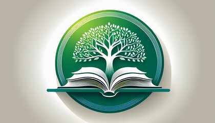 round logo emblem with an open book and a tree on a white background a symbol for a bookstore library school and education