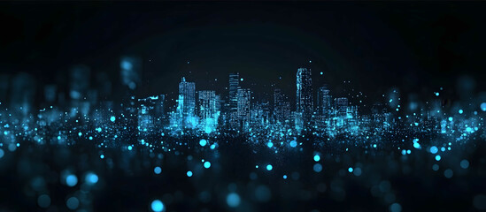 Fototapeta premium A city skyline made of glowing blue digital particles high from a distance against a black background from a low angle with a cinematic feel
