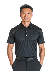 Smiling Asian man in a black polo shirt, standing confidently, with a friendly appearance