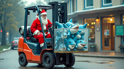 A man in a santa claus suit driving a forklift with stuffed animals in it