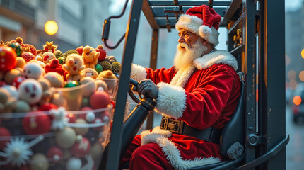 Obraz premium A man dressed as Santa Claus driving a forklift filled with christmas ornaments