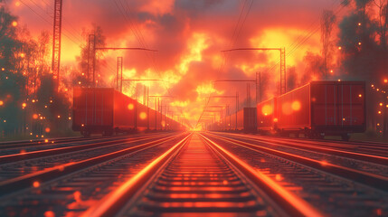 Fototapeta premium Vibrant sunset over railway tracks with freight trains in a scenic landscape. Generative AI