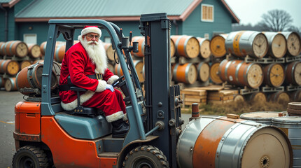 Fototapeta premium A man in a santa claus suit driving a forklift in front of barrels
