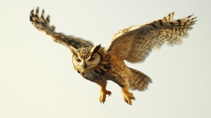 Fototapeta premium A striking owl gracefully soars through the open sky, showcasing its intricate feather patterns and powerful wings