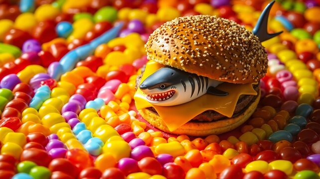 A hamburger with a shark on top of a pile of jelly beans - Powered by Adobe