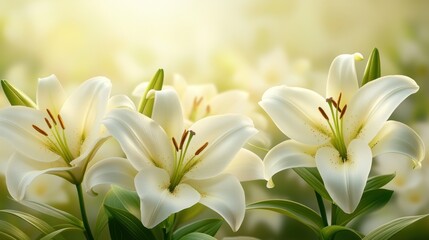 Close-up of three pristine white lilies in a field.
