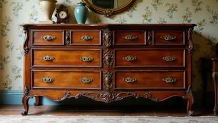 Ornate antique retro dresser featuring intricate details and a distressed look.
