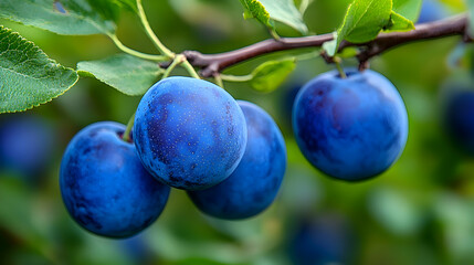 Fresh and Juicy Blue Plums Hanging on a Branch Surrounded by Lush Green Leaves in Orchard Setting, Perfect for Summer Fruit and Natural Food Themes