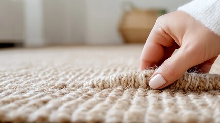 A clean, fluffy carpet in the living room of an apartment. The focus is on the plush texture and softness of the white rug with visible threads.