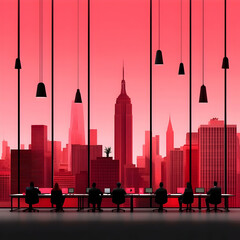 Modern Office with Silhouetted Figures Overlooking a Vibrant Cityscape at Dusk Featuring Tall Buildings and a Red Sky