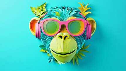 Fototapeta premium Vibrant Paper-Layered Monkey Face in Tropical Colors of Bright Green, Yellow, and Blue