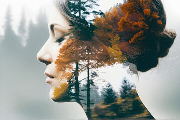 double exposure image combining the profile of a woman with a misty forest. The silhouette blends seamlessly with evergreen trees and warm autumn foliage
