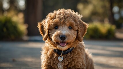 Fototapeta premium Adorable fluffy puppy enjoying a sunny day outdoors in a park with vibrant green background