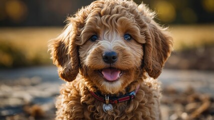 Fototapeta premium Cute fluffy puppy enjoying a sunny day outdoors with happy expression in a park setting
