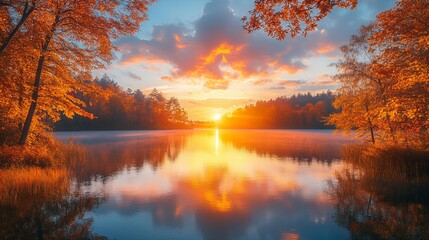 A breathtaking view of an autumn sunset casting warm hues over a tranquil lake, surrounded by vibrant fall foliage reflecting in the placid water's surface.