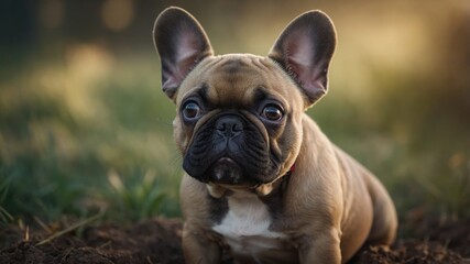 Cute french bulldog puppy resting on grass during golden hour in a peaceful outdoor setting