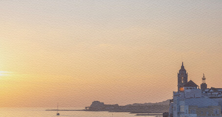 Beautiful sunset over the ocean with a small town in the background