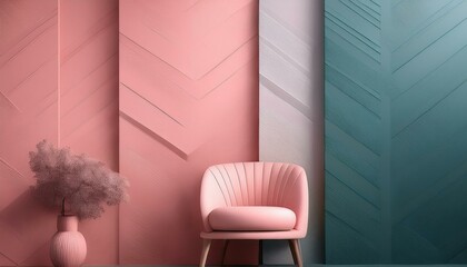 Pink armchair against a textured wall in various shades of pink, grey, and teal.