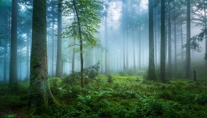Fototapeta premium Misty forest scene with tall trees and lush green undergrowth.