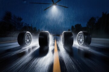 Four tires on a rainy road at night with motion, dynamics and control