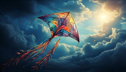 Kite flying against dark clouds