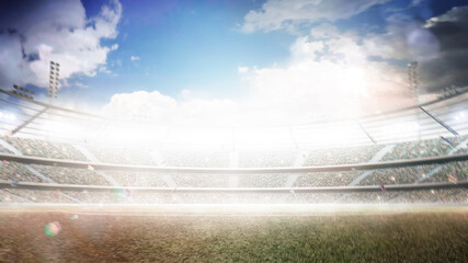 Big sport arena. Professional soccer stadium. Daytime stadium under the sun with lights, fans and flags. Sport background © Ruslan Shevchenko