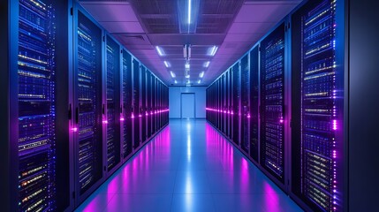 Fototapeta premium A futuristic data center featuring bright, illuminated server racks, showcasing advanced technology in a sleek and organized environment.