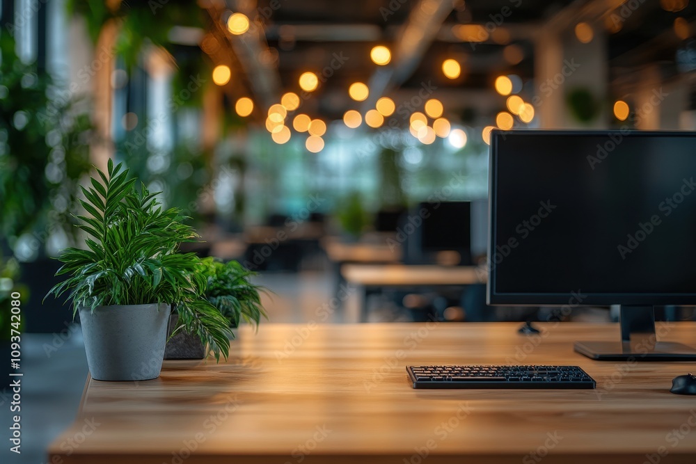 Poster modern office workspace with plants and a computer setup.