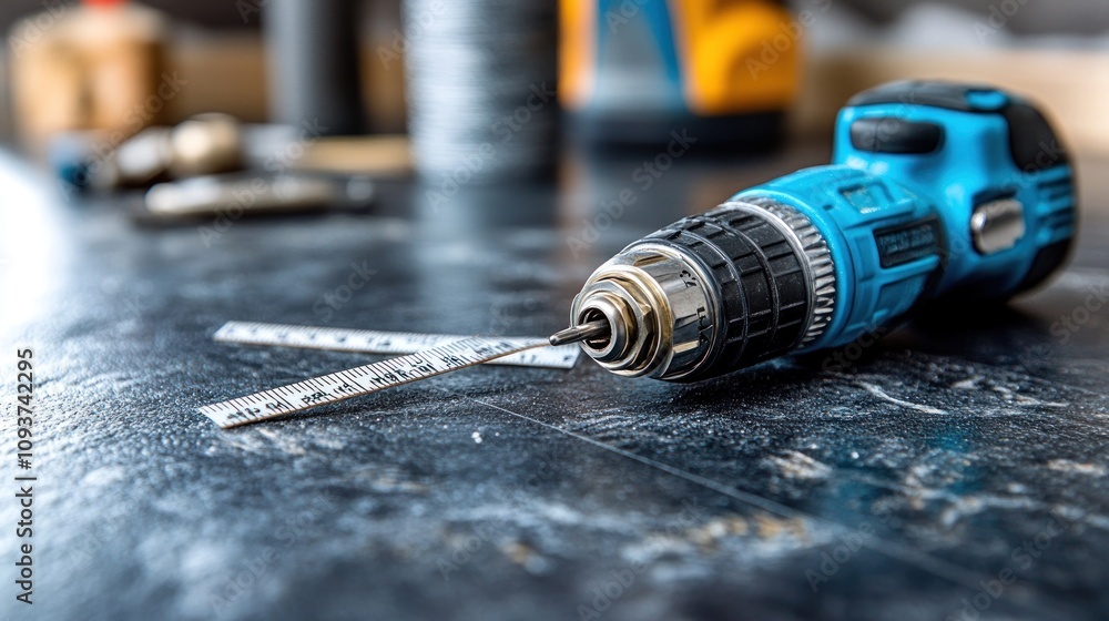 Poster cordless drill rests on workbench with measuring tape.