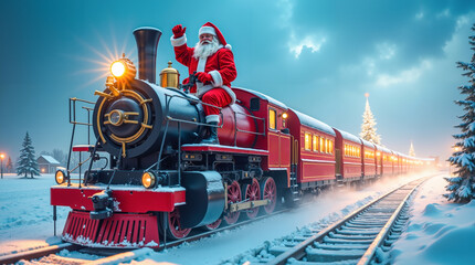A man in a santa claus suit riding on a train in the snow
