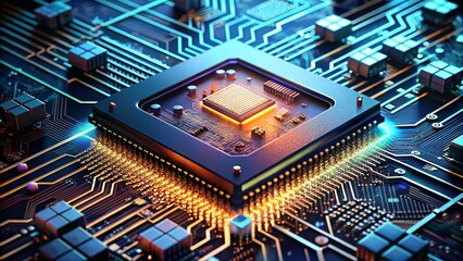 3D Render of a CPU Chip Sitting on a Motherboard with Copy Space for Technology-Related Graphics or Text, Ideal for Software or Hardware Marketing and Educational Purposes