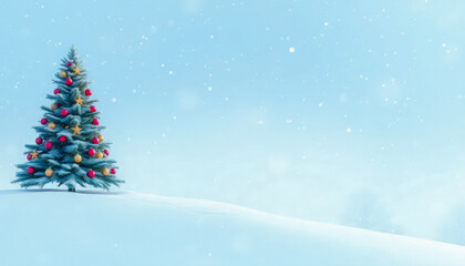 New Year Card: Winter Landscape with Decorated Christmas Tree in Snowy Field