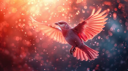 Obraz premium Colorful bird soaring through a sparkling sunset sky filled with glowing particles of light. Generative AI